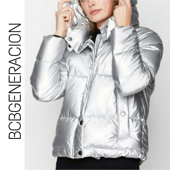 BCBG Generation Hooded Midweight Puffer Silver Jacket Medium - Picture 1 of 10